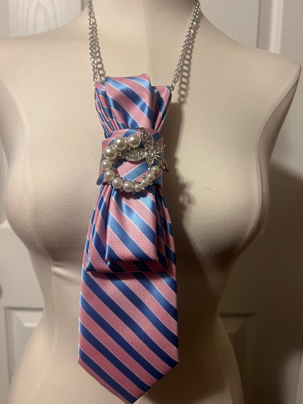 Pink and Blue Striped Satin Statement Tie Necklace with Pearl Brooch